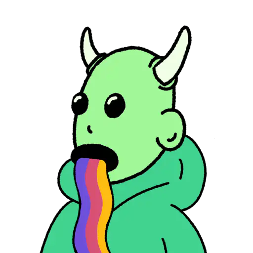 A cute human-like monster character looking astonished and throwing up a rainbow
